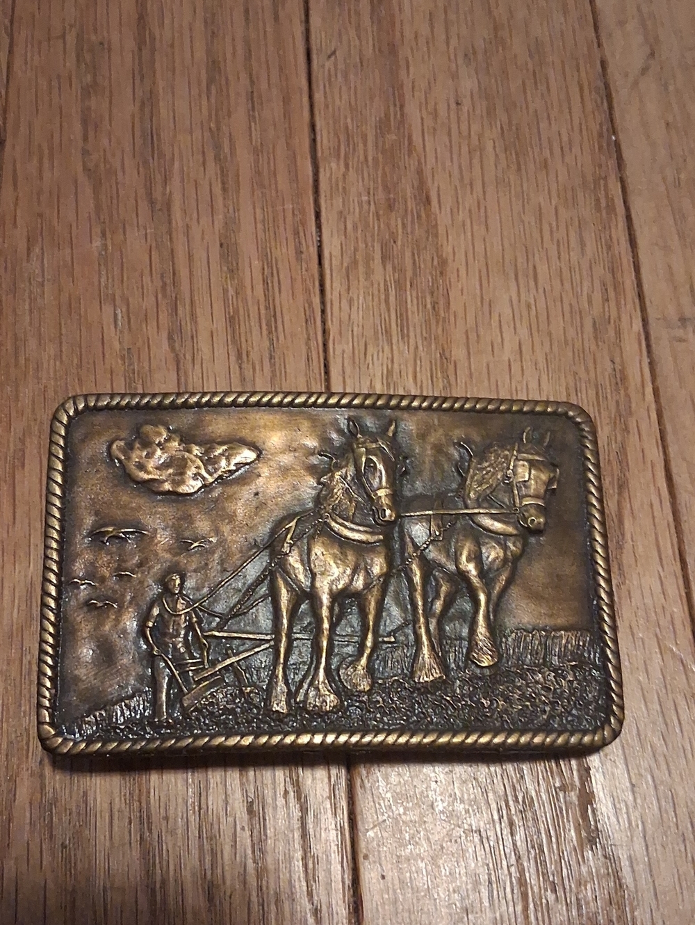 1976 bergamot brass works plow horse belt buckle draft horse